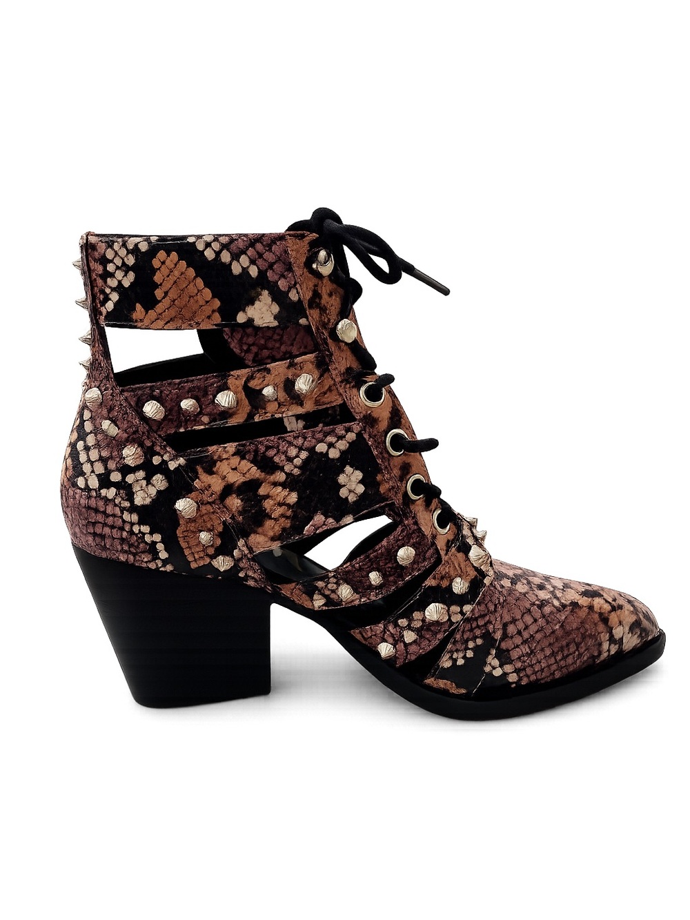 Sam Edelman Elana Snakeskin Print Cutout Lace-Up Studded Ankle Boots Block Heel - Picture 2 of 15
